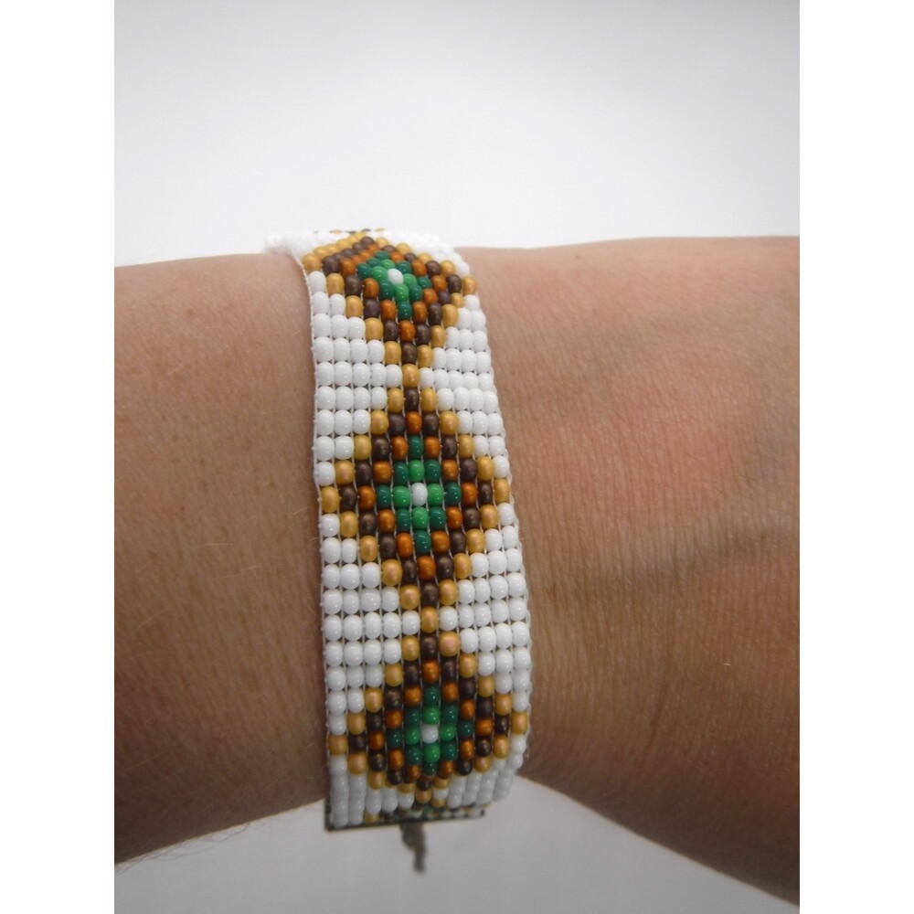 Loom Beaded Bracelet White, Brown & Green